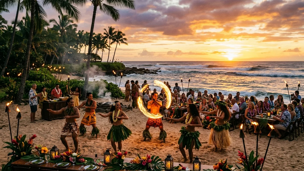 Authentic oceanfront Hawaiian luau fire knife dance performance at sunset in Oahu