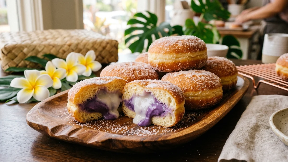 Authentic golden Hawaiian malasadas dusted with sugar and sliced open showing warm haupia coconut and purple ube custard fillings